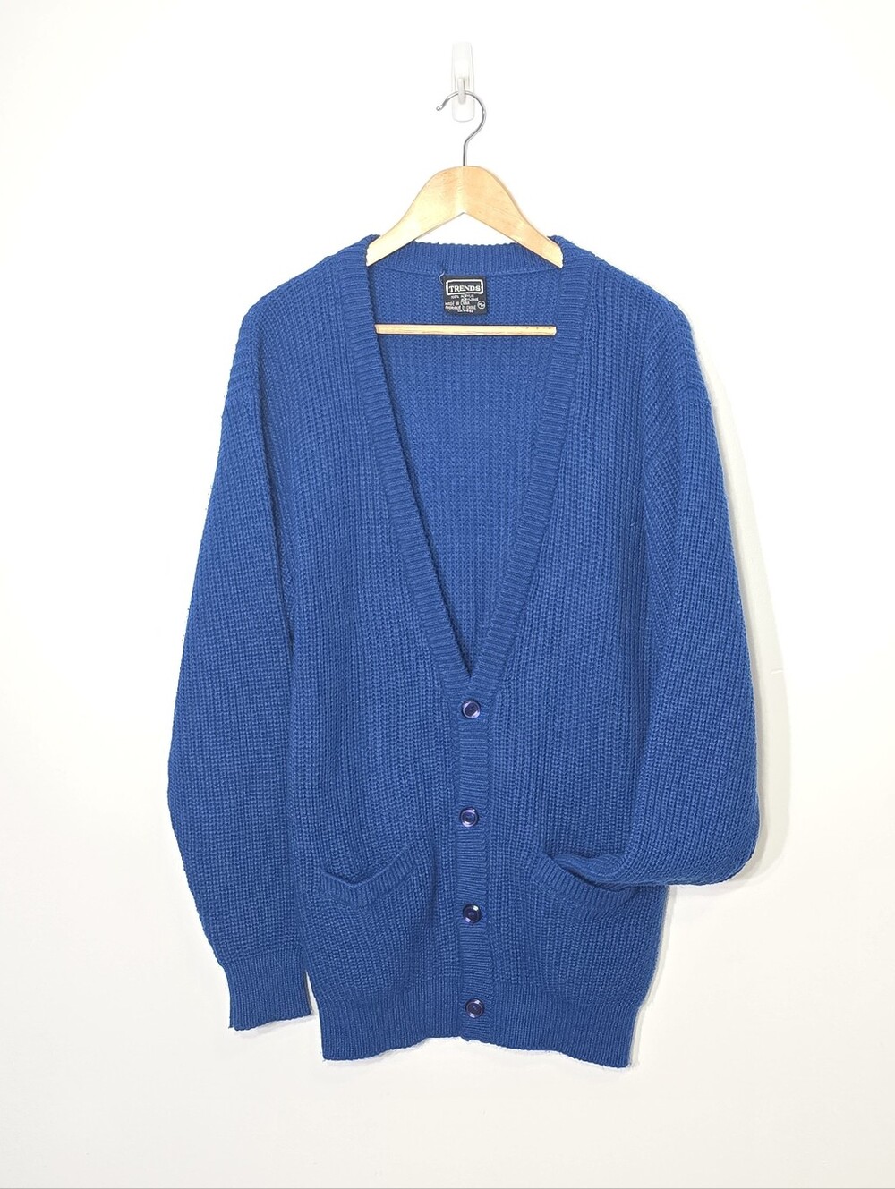 Vintage Knitted Royal Blue Eclectic Grandpa Button Down Cardigan Medium 80s 90s